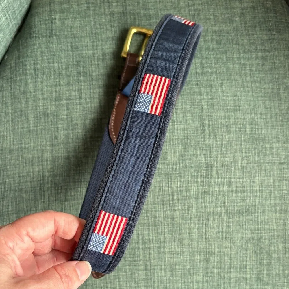 Vineyard Vines boys kids USA Flag America Brown Leather & Navy Flag Belt size 30